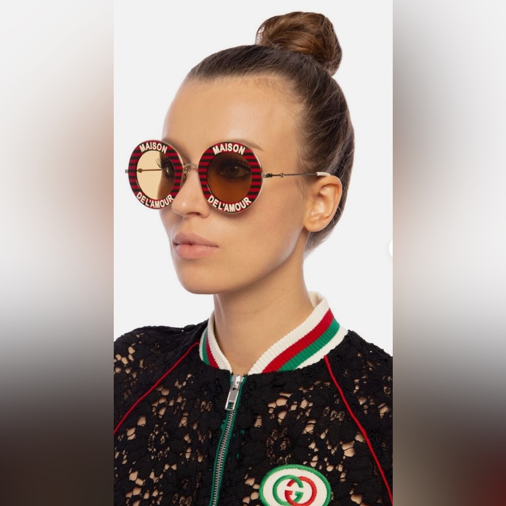 CELEB’S FAV GUCCI MAISON DEL’ AMOUR  ROUND DARK GREEN AND RED STRIPES SUNGLASSES - Picture 9 of 16